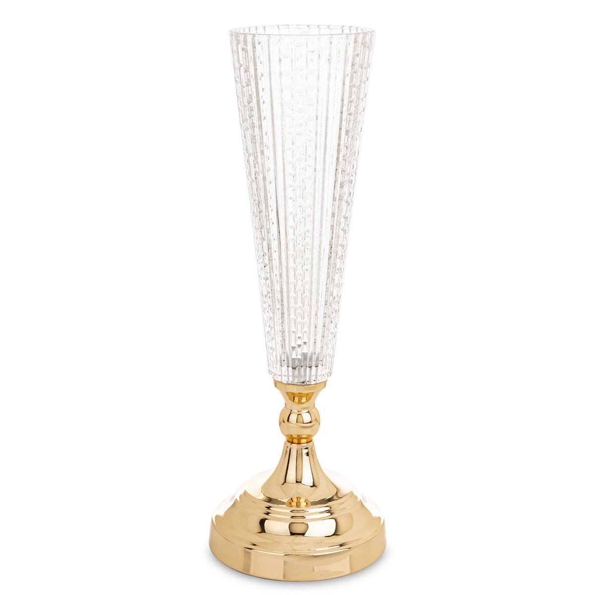 Vază din sticlă masivă cu picior auriu mare, piesă statement pentru decor luxos și elegant. Este ideală pentru aranjamente florale impresionante sau decor sofisticat de living. Adaugă strălucire și rafinament oricărui spațiu modern sau clasic.