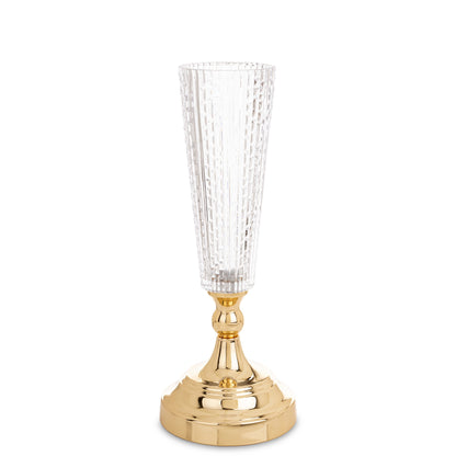 Vază elegantă din sticlă cu picior auriu, ideală pentru decor modern și sofisticat. Este perfectă pentru flori naturale sau artificiale și adaugă un accent luxos în orice încăpere. Potrivită pentru living, birou sau cadouri de casă nouă.