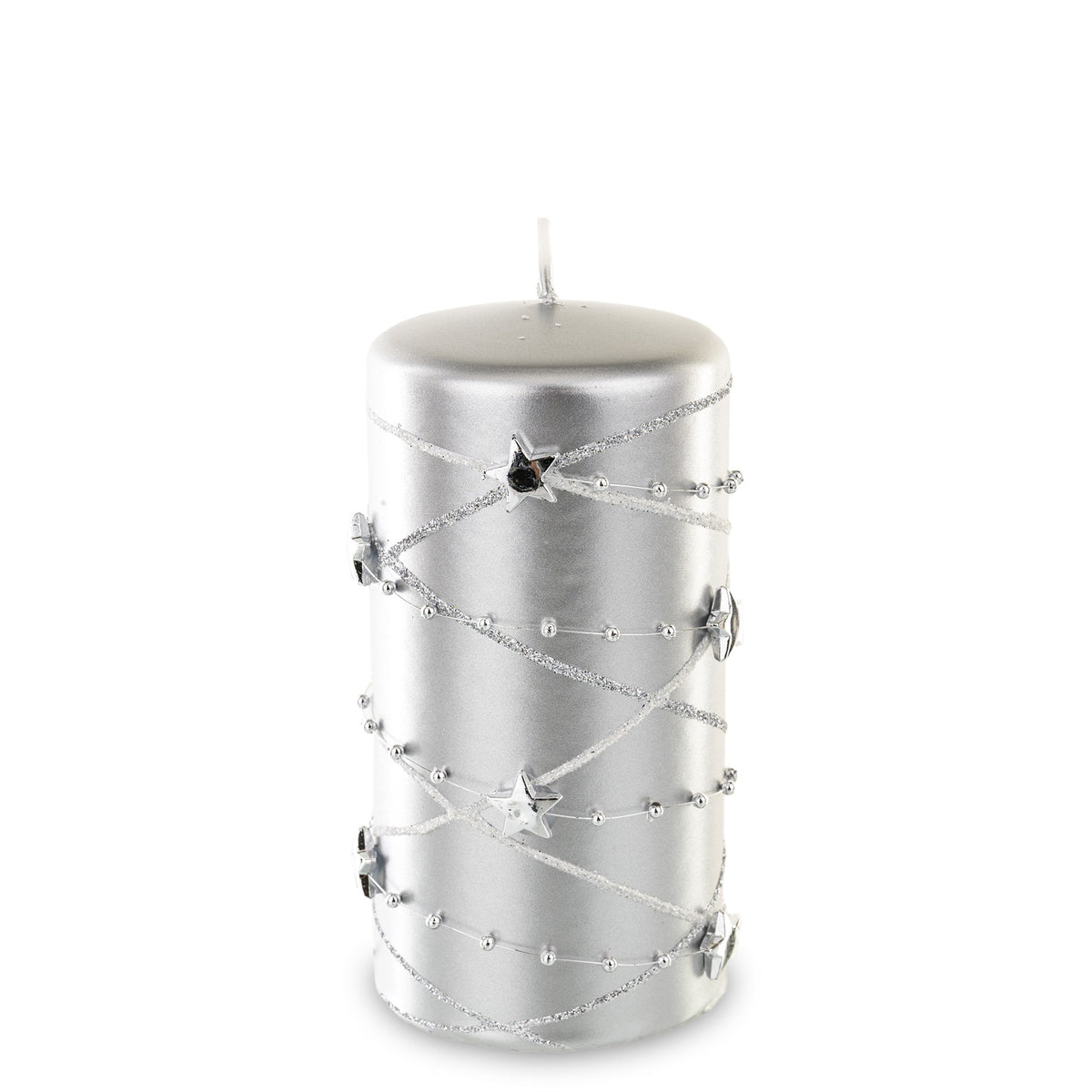 Lumânare argintie cu stele, obiect decorativ pentru decor elegant și mese festive, prezentat ca accent pentru locuință