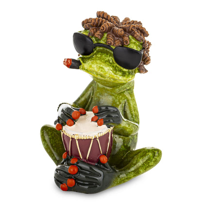 Figurină broască rasta cu tobă, obiect decorativ pentru decorul casei și cadouri, prezentat ca accent pentru locuință