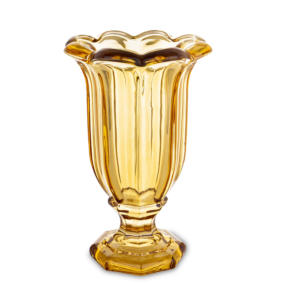 Vază din sticlă masivă cu picior galben, ideală pentru decor vibrant, modern și plin de energie. Este perfectă pentru flori mari sau aranjamente decorative spectaculoase. Adaugă un accent colorat și vesel în living, dining sau spații creative.