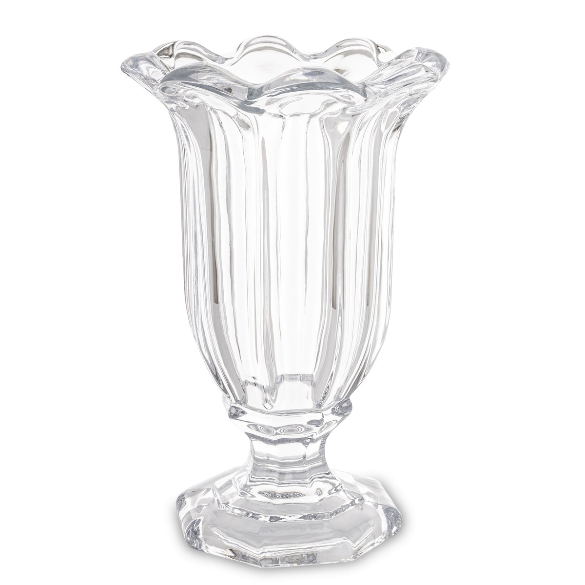 Vază decorativă din sticlă masivă cu picior transparent, ideală pentru aranjamente florale spectaculoase sau decor minimalist elegant. Se potrivește perfect în living modern, dining sau spații luminoase. O piesă versatilă și rafinată pentru orice tip de interior.