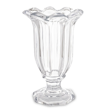 Vază decorativă din sticlă masivă cu picior transparent, ideală pentru aranjamente florale spectaculoase sau decor minimalist elegant. Se potrivește perfect în living modern, dining sau spații luminoase. O piesă versatilă și rafinată pentru orice tip de interior.