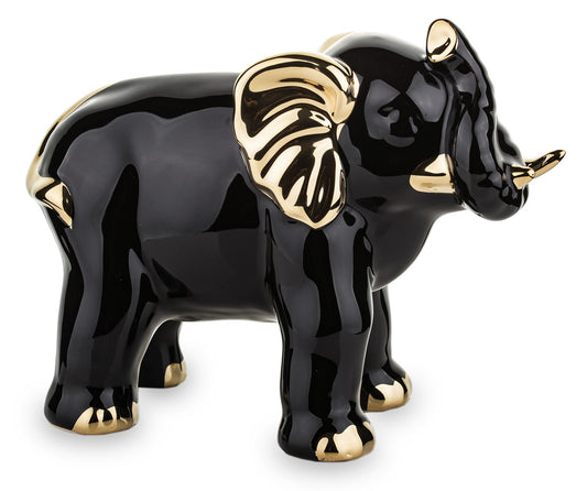 Figurină elefant negru auriu din ceramică, 15,5x18x9,5 cm, cu detalii rafinate și finisaj elegant, perfectă pentru a adăuga un punct de interes în living, birou sau dormitor, un obiect decorativ cu valoare estetică și simbolică, potrivit și pentru cadou.