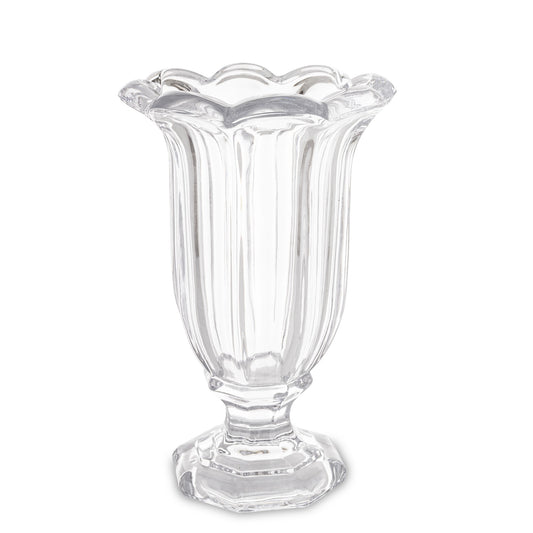 Vază decorativă din sticlă masivă cu picior transparent, ideală pentru aranjamente florale spectaculoase sau decor minimalist elegant. Se potrivește perfect în living modern, dining sau spații luminoase. O piesă versatilă și rafinată pentru orice tip de interior.