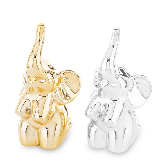Elefant ceramică auriu șezut, 10x5,5x5,5 cm, cu finisaj strălucitor, ideal pentru decor și cadouri deosebite.
