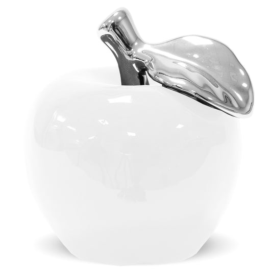 Măr ceramic alb cu coadă argintie 11,5x10x10 cm, decor elegant și cadou simbolic