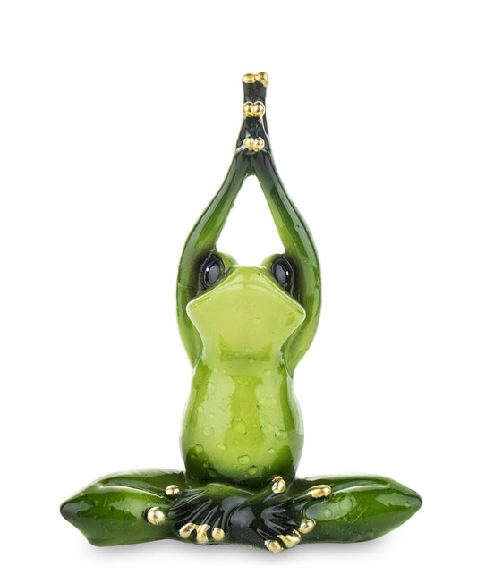 Figurină broască yoga din rășină, 12,5x10x5 cm, ideală pentru decor de relaxare sau cadou tematic.