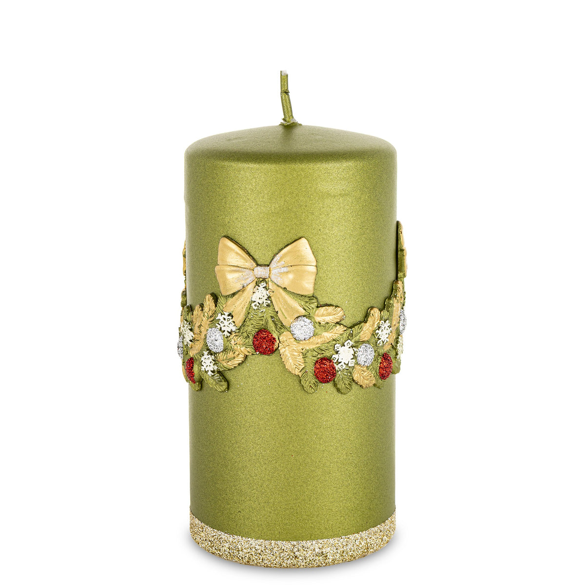 Lumânare de Crăciun verde cu fonte, obiect decorativ pentru decor elegant și mese festive, prezentat ca accent pentru locuință