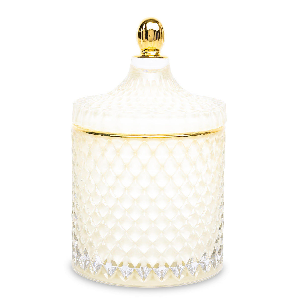 Bombonieră elegantă din sticlă albă cu detalii aurii, o piesă decorativă rafinată care îmbină utilul cu esteticul. Este ideală pentru bomboane, bomboane fine sau pur decor în living sau dining. Designul său luxos o face perfectă pentru cadouri de casă nouă, aniversări sau decor premium elegant.