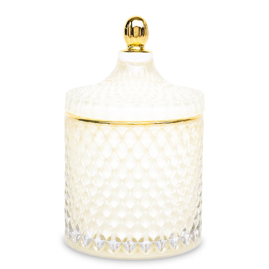 Bombonieră elegantă din sticlă albă cu detalii aurii, o piesă decorativă rafinată care îmbină utilul cu esteticul. Este ideală pentru bomboane, bomboane fine sau pur decor în living sau dining. Designul său luxos o face perfectă pentru cadouri de casă nouă, aniversări sau decor premium elegant.