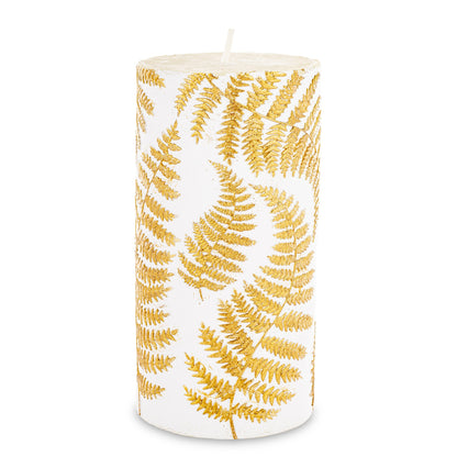 Lumânare albă cu ferigă aurie, obiect decorativ pentru decor elegant și mese festive, prezentat ca accent pentru locuință