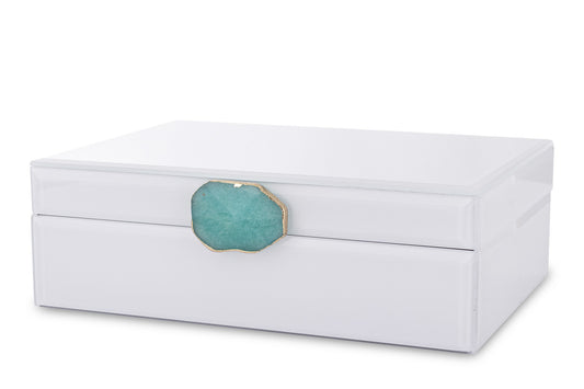 Cutie bijuterii sticlă albă cu piatră turcoaz mare 8x24,5x17 cm, organizator bijuterii elegant, mentha - flori, cadouri și decorațiuni