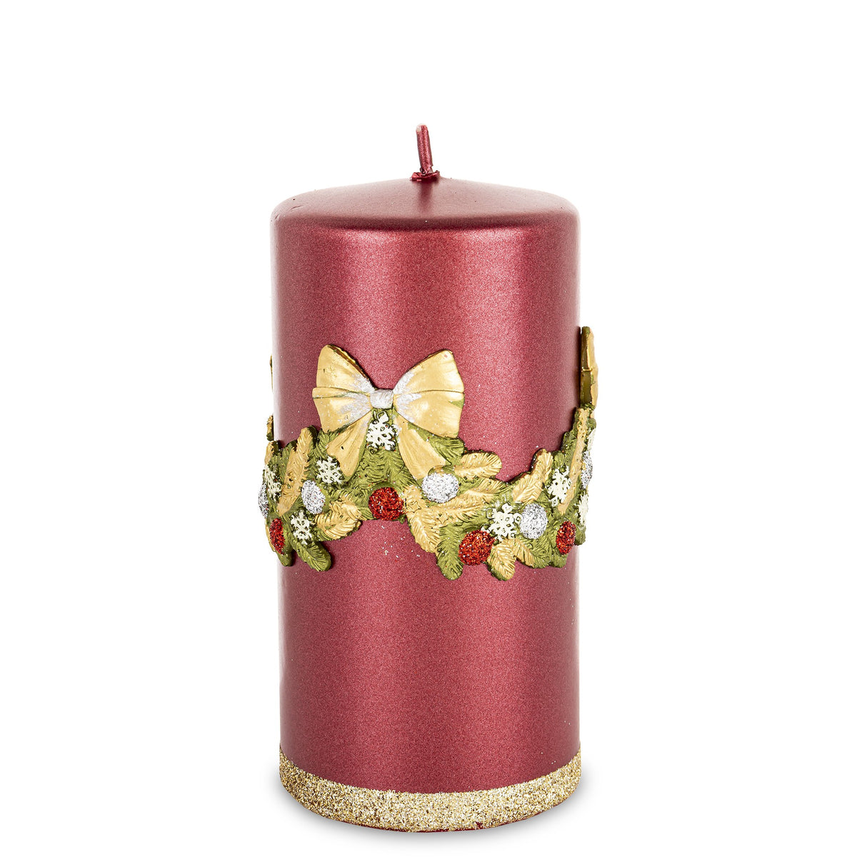 Lumânare de Crăciun roșie cu fonte, obiect decorativ pentru decor elegant și mese festive, prezentat ca accent pentru locuință