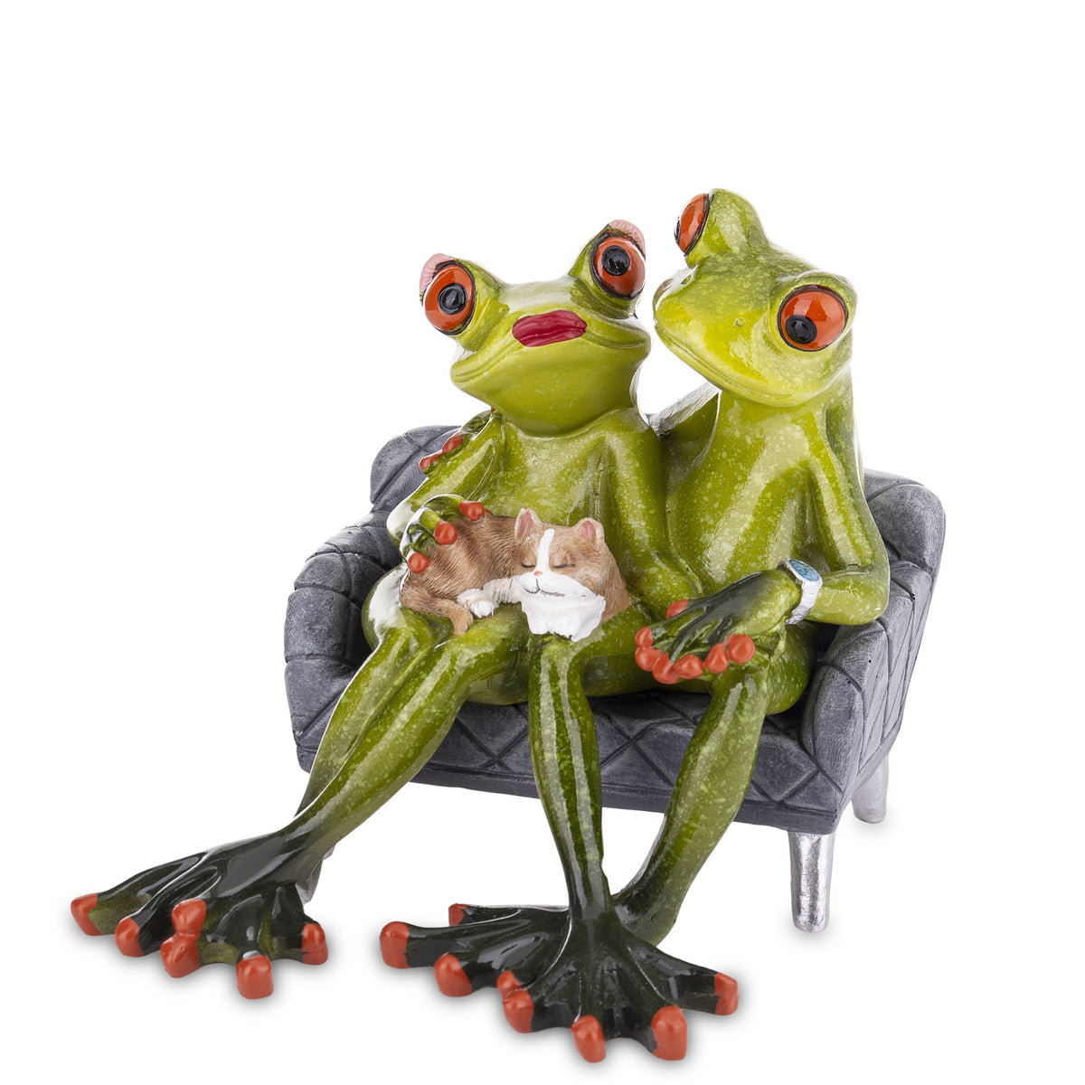 Figurină decorativă broaște pe canapea cu pisică, piesă amuzantă și creativă care adaugă personalitate și umor decorului. Este ideală pentru living, birou sau colecții decorative. Perfectă ca dar inedit pentru persoane cu simțul umorului sau colecționari.