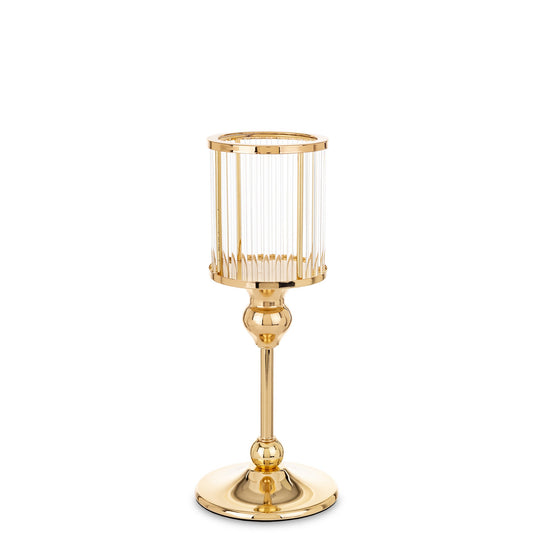 Sfeșnic mic auriu cu detalii transparente, 26x10x10 cm, metal și sticlă, decor rafinat pentru casă și cadouri
