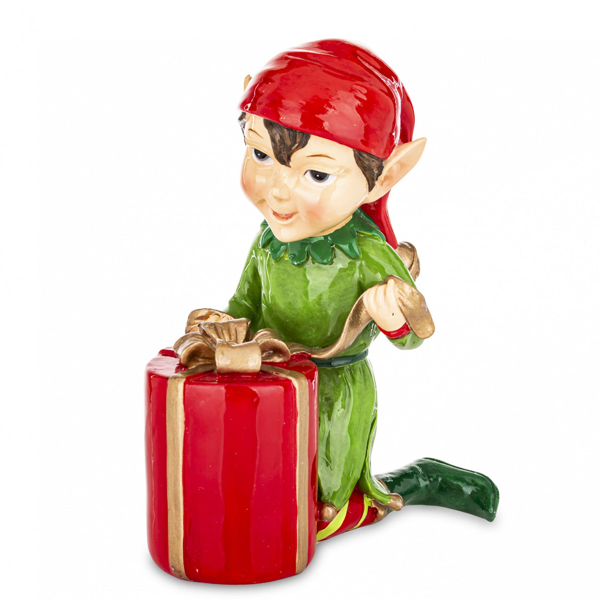 Figurină spiriduș de Crăciun cu cadou, obiect decorativ pentru decorul casei și cadouri, prezentat ca accent pentru locuință