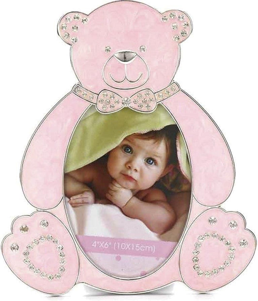 Ramă foto alamă ursuleț roz mare 21x18 cm, decor interior pentru poze, cadou pentru copii sau familie