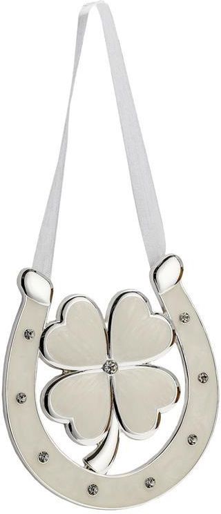 Potcoavă decorativă din alamă cu trifoi 11 cm, ornament simbolic și elegant pentru casă sau birou.