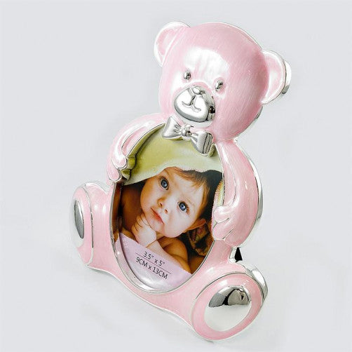 Ramă foto din alamă ursuleț roz 16x18 cm, suport decorativ pentru poze, cadou pentru copii și decor interior
